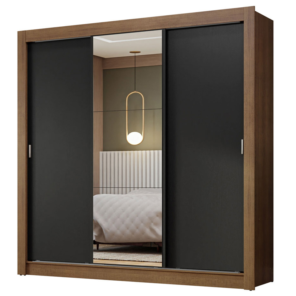 Guarda-Roupa Casal 3 Portas de Correr com Espelho Rustic/Preto Nobre Madesa