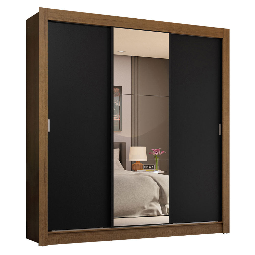 Guarda-Roupa Casal 3 Portas de Correr com Espelho 4 Gavetas Rustic/Preto Sublime Plus Madesa