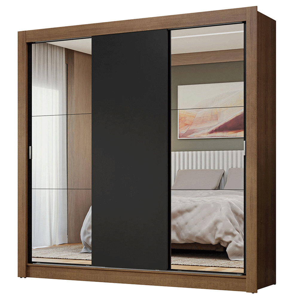 Guarda-Roupa Casal 3 Portas de Correr com Espelhos Rustic/Preto Nobre Madesa