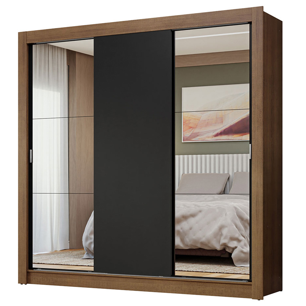 Guarda-Roupa Casal 3 Portas de Correr com Espelhos Rustic/Preto Nobre Madesa