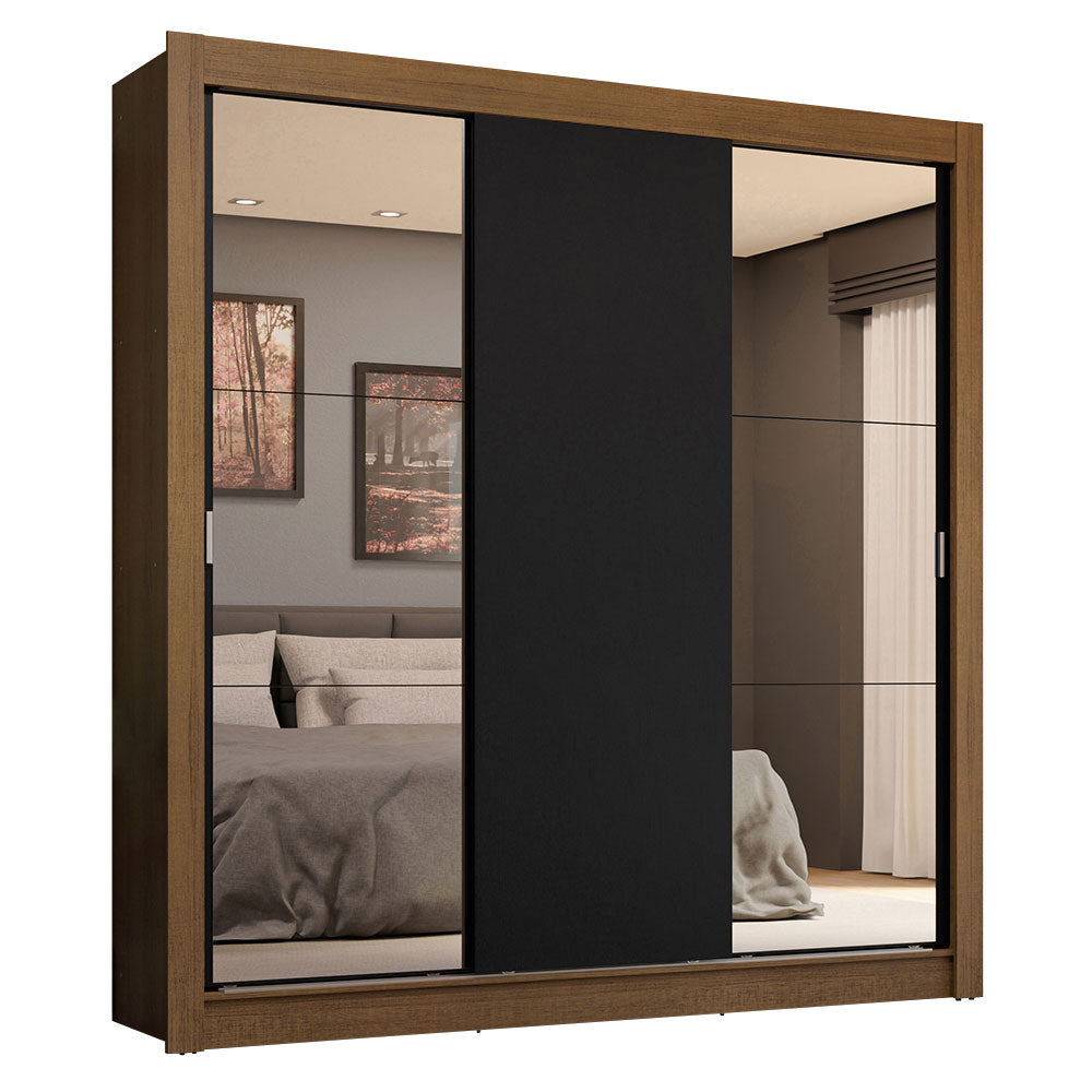 Guarda-Roupa Casal 3 Portas de Correr com Espelhos 4 Gavetas Rustic/Preto Sublime Plus Madesa