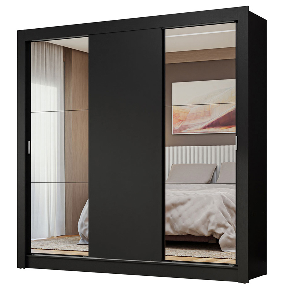 Guarda-Roupa Casal 3 Portas de Correr com Espelhos Preto Nobre Madesa