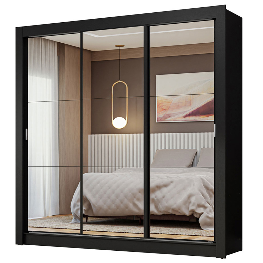 Guarda-Roupa Casal 3 Portas de Correr de Espelho Preto Nobre Madesa