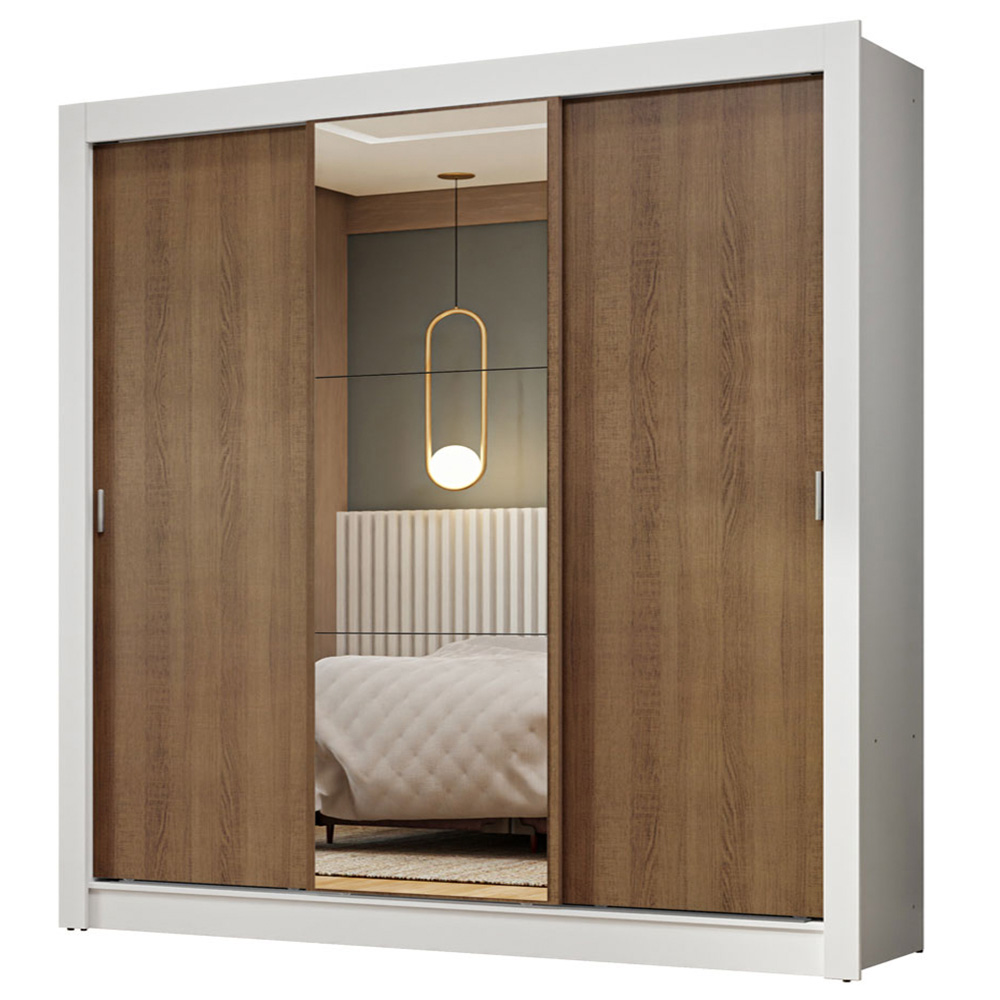 Guarda-Roupa Casal 3 Portas de Correr com Espelho Branco/Rustic Nobre Madesa