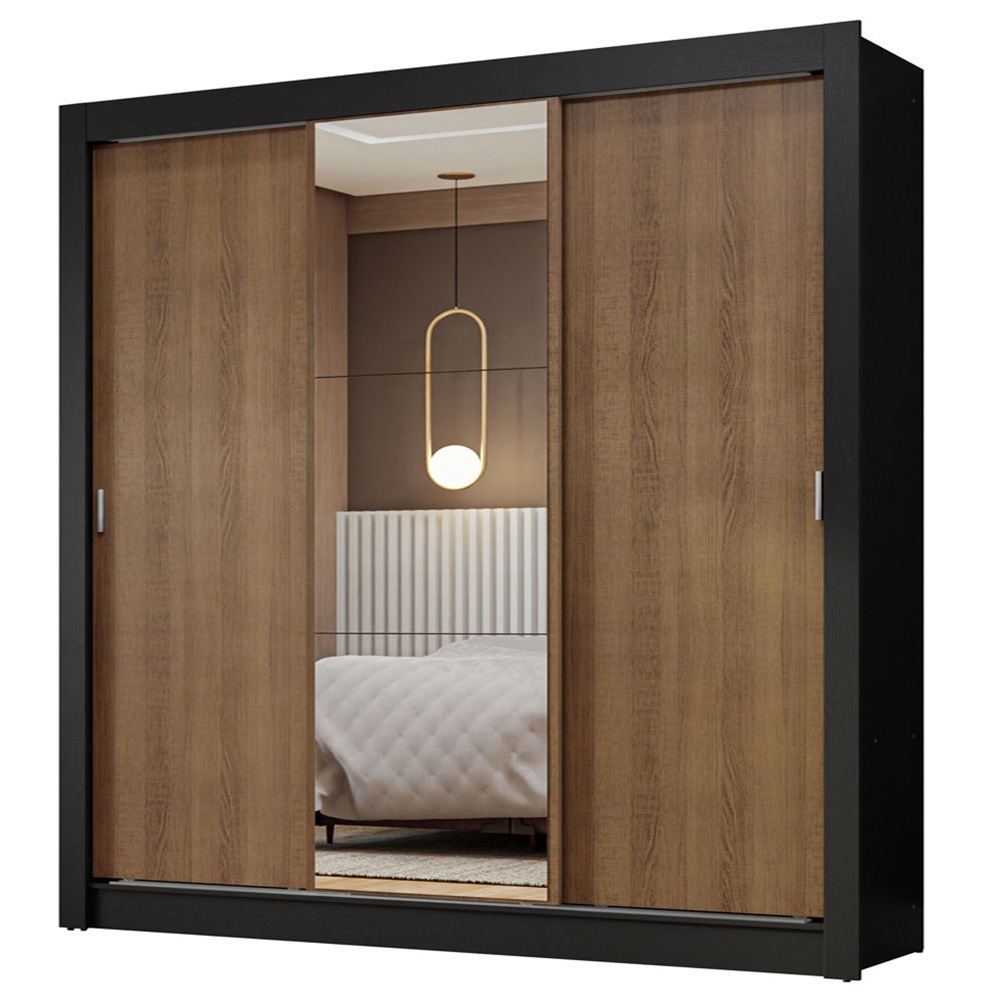 Guarda-Roupa Casal 3 Portas de Correr com Espelho Preto/Rustic Nobre Madesa