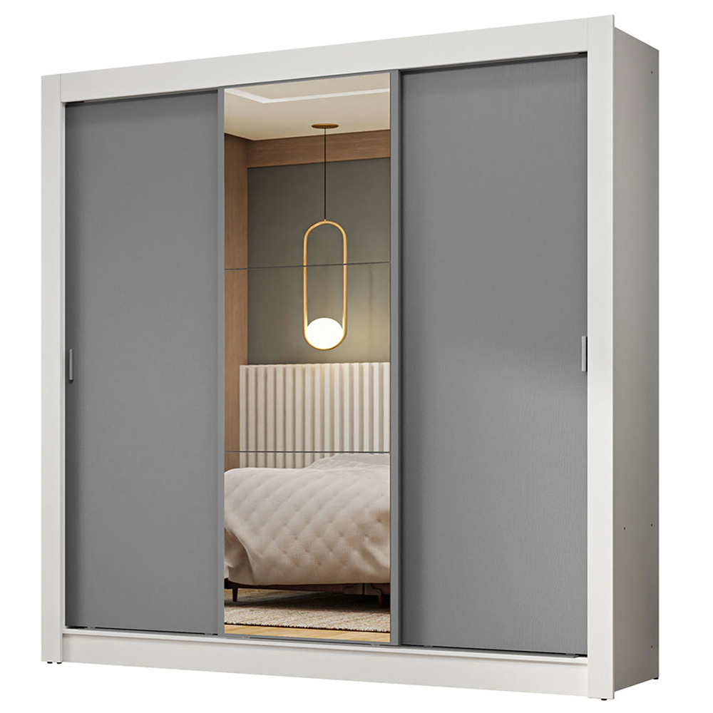 Guarda-Roupa Casal 3 Portas de Correr com Espelho Branco/Cinza Nobre Madesa