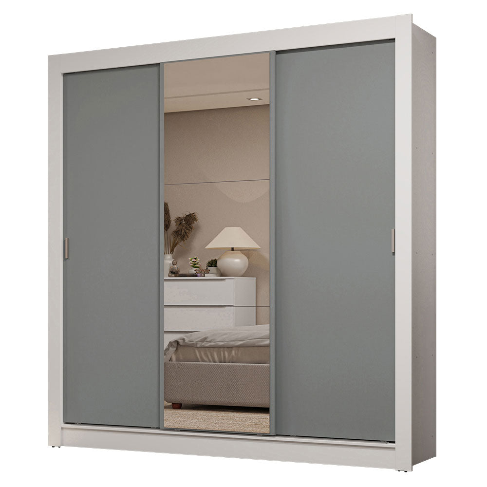 Guarda-Roupa Casal 3 Portas de Correr com Espelho 2 Gavetas Branco/Cinza Sublime Madesa