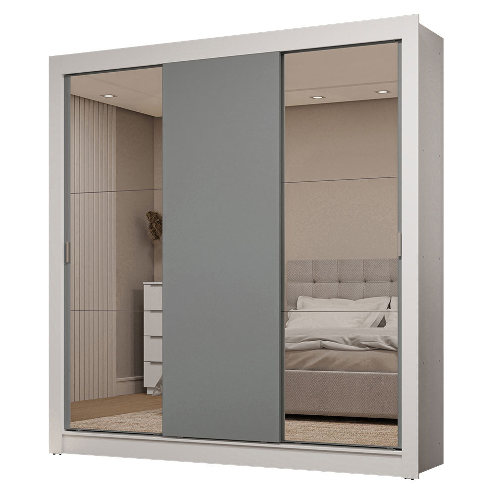 Guarda-Roupa Casal 3 Portas de Correr com Espelhos 2 Gavetas Branco/Cinza Sublime Madesa