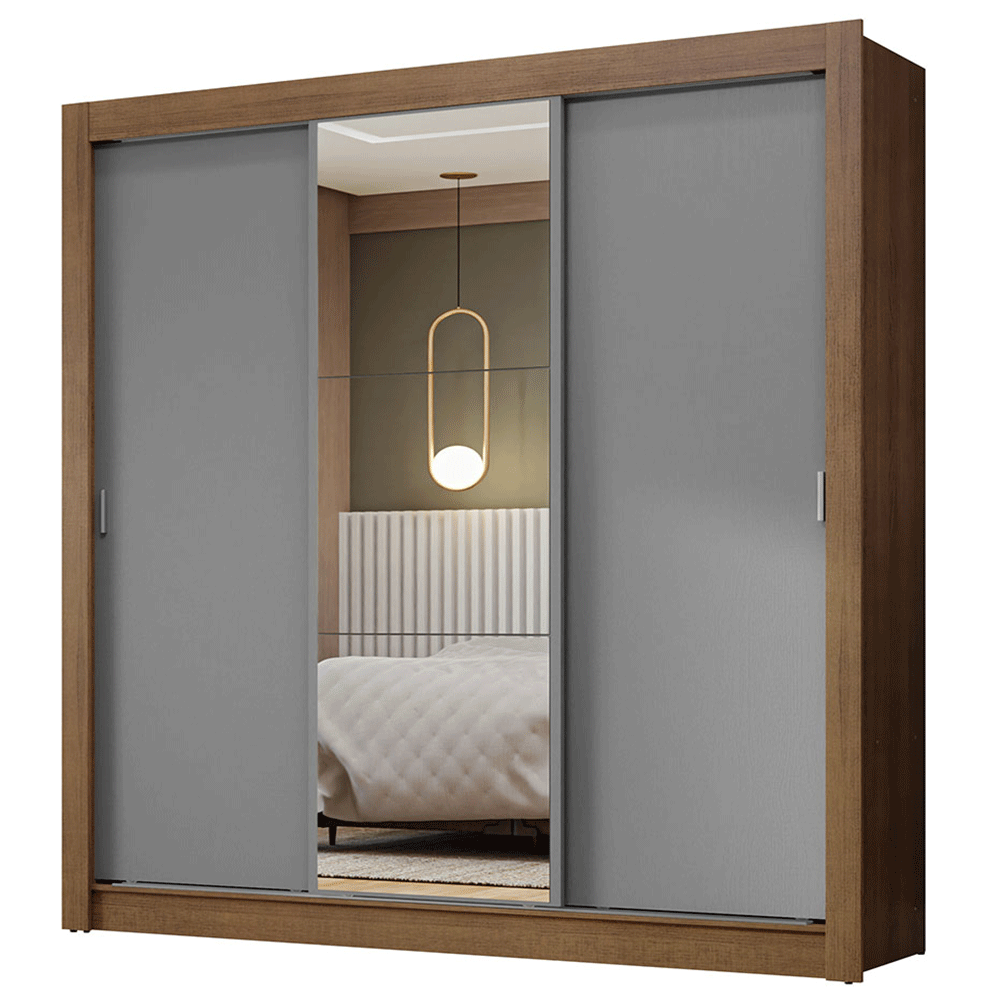 Guarda-Roupa Casal 3 Portas de Correr com Espelho Rustic/Cinza Nobre Madesa
