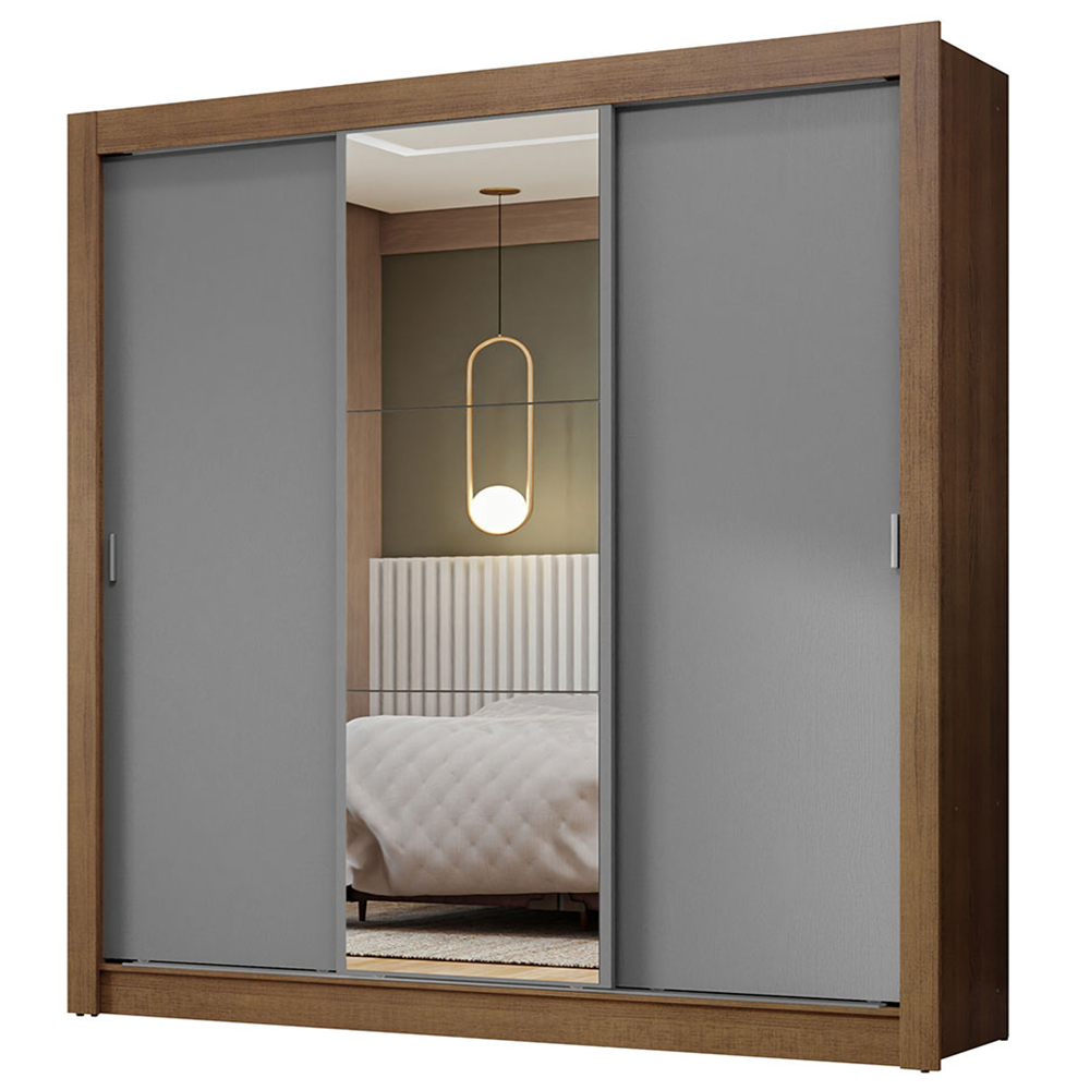 Guarda-Roupa Casal 3 Portas de Correr com Espelho Rustic/Cinza Nobre Madesa
