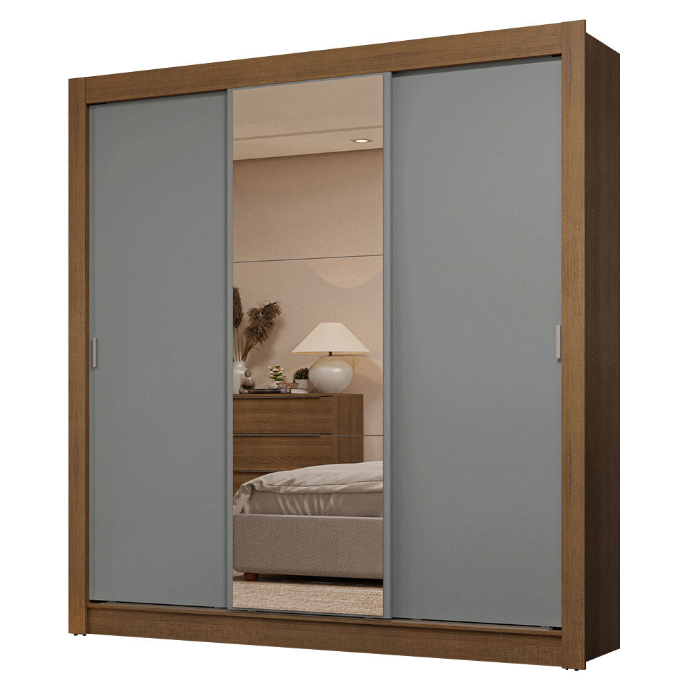 Guarda-Roupa Casal 3 Portas de Correr com Espelho 2 Gavetas Rustic/Cinza Sublime Madesa