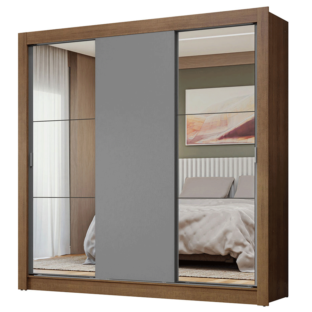 Guarda-Roupa Casal 3 Portas de Correr com Espelhos Rustic/Cinza Nobre Madesa