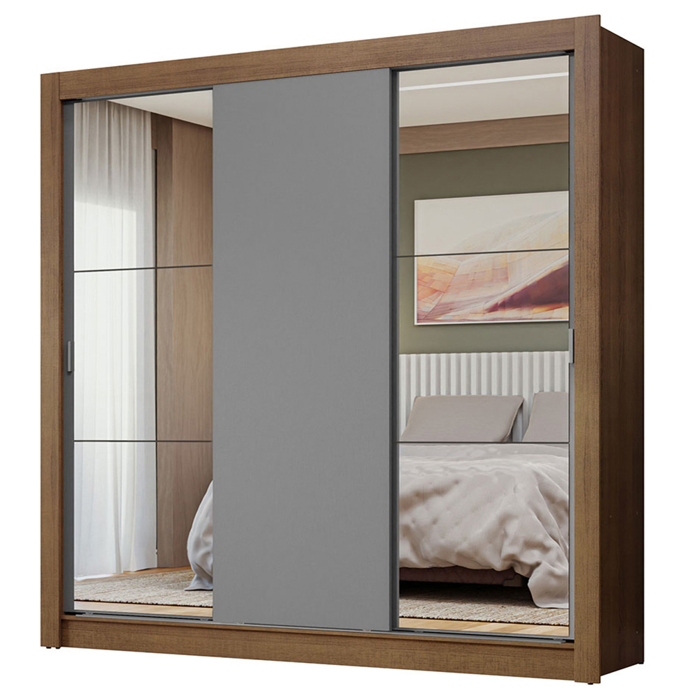 Guarda-Roupa Casal 3 Portas de Correr com Espelhos Rustic/Cinza Nobre Madesa
