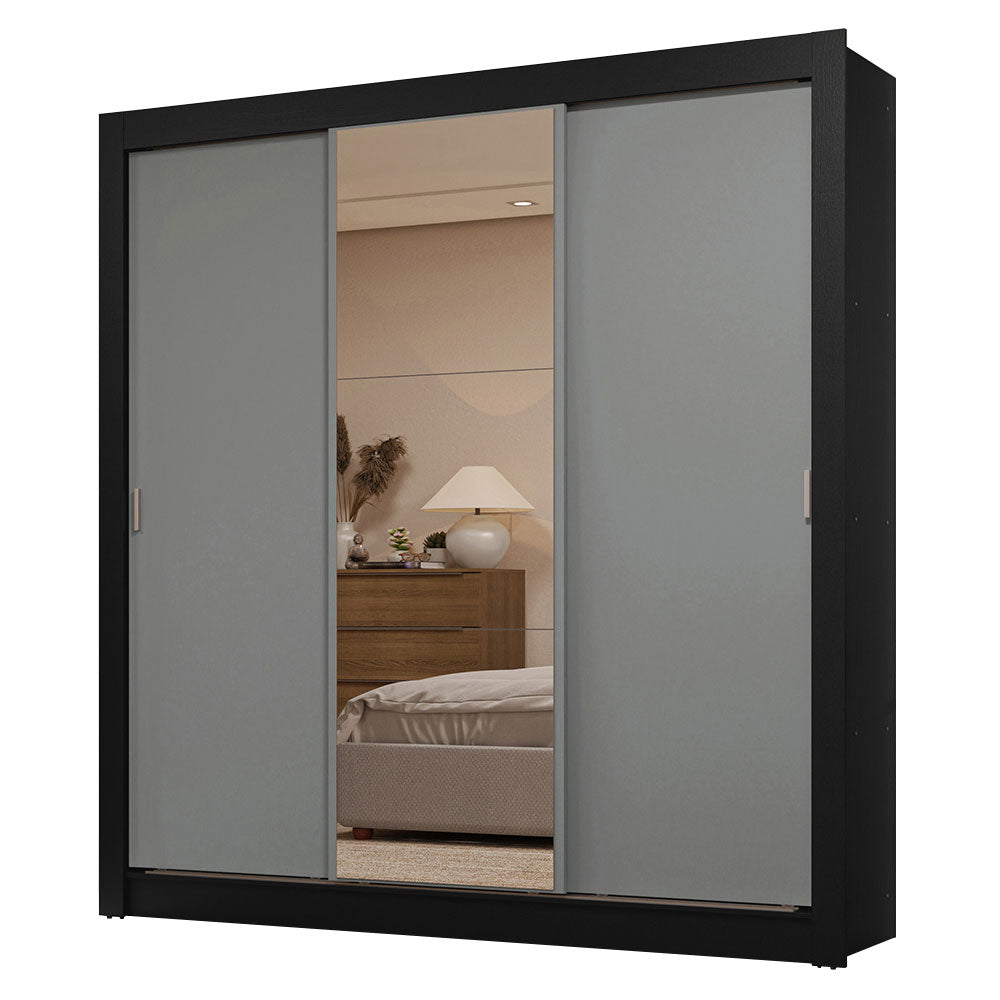 Guarda-Roupa Casal 3 Portas de Correr com Espelho 2 Gavetas Preto/Cinza Sublime Madesa