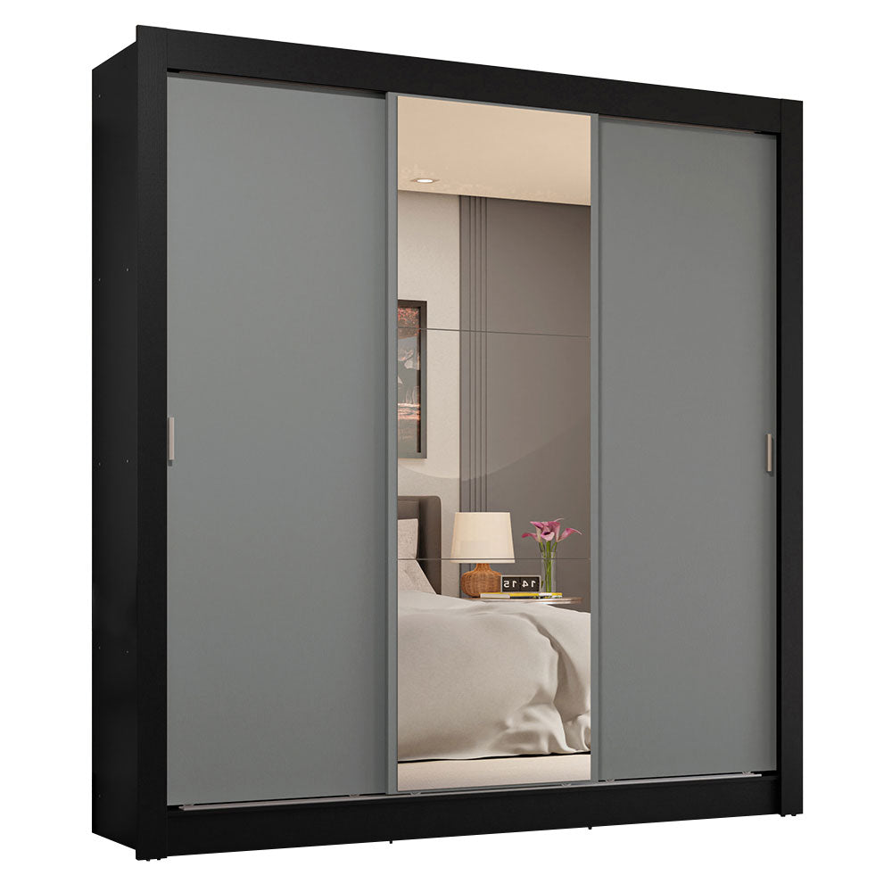 Guarda-Roupa Casal 3 Portas de Correr com Espelho 4 Gavetas Preto/Cinza Sublime Plus Madesa