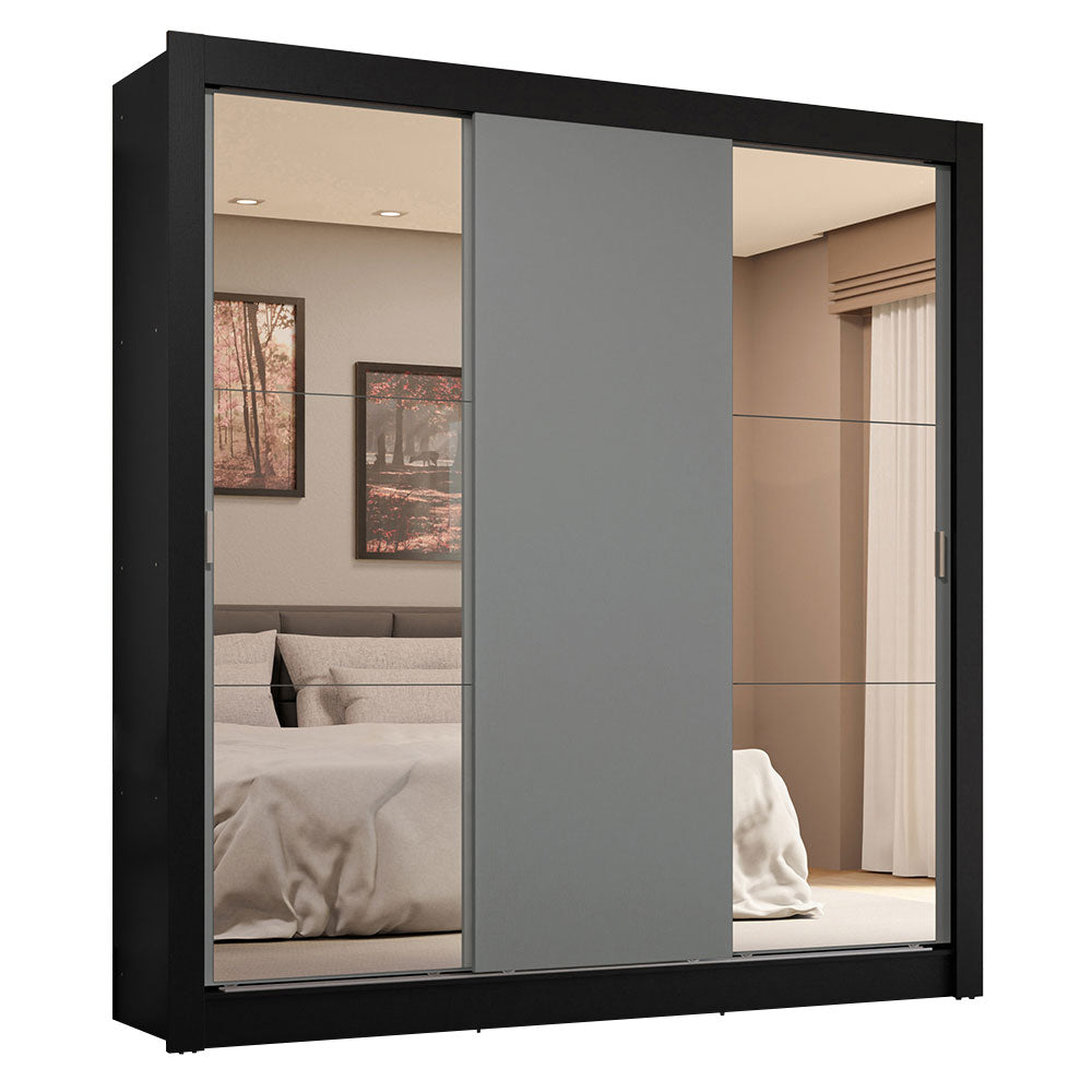 Guarda-Roupa Casal 3 Portas de Correr com Espelhos 4 Gavetas Preto/Cinza Sublime Plus Madesa