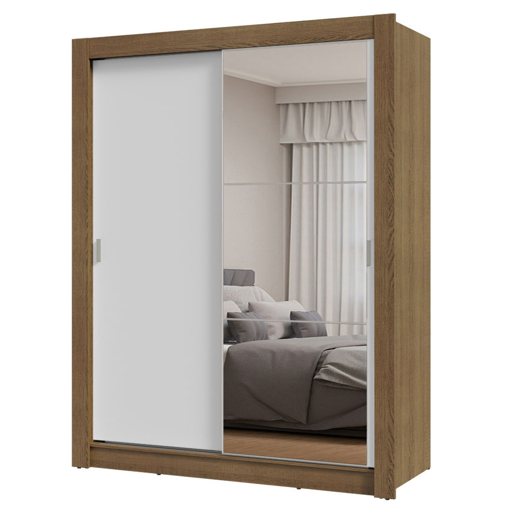 Guarda-Roupa Solteiro 2 Portas de Correr com Espelho Rustic/Branco Milano Madesa