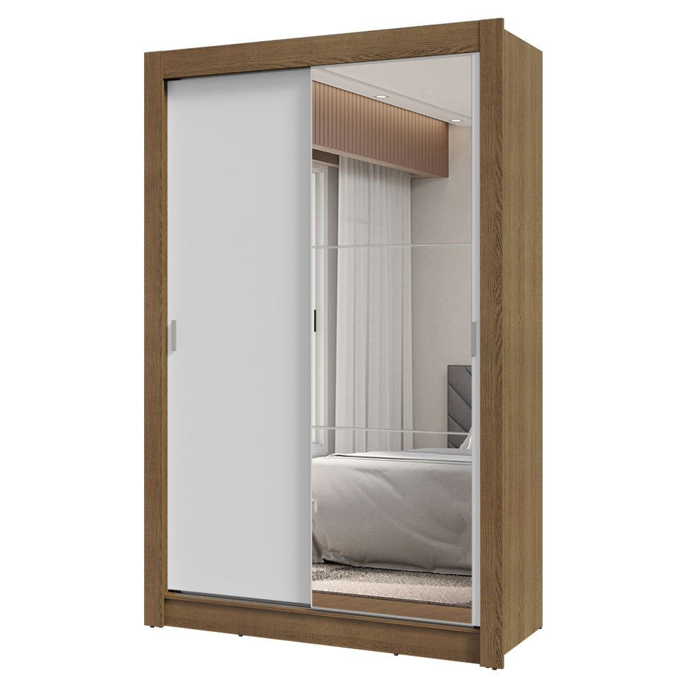 Guarda-Roupa Solteiro 2 Portas de Correr com Espelho 2 Gavetas Rustic/Branco Vivare Madesa