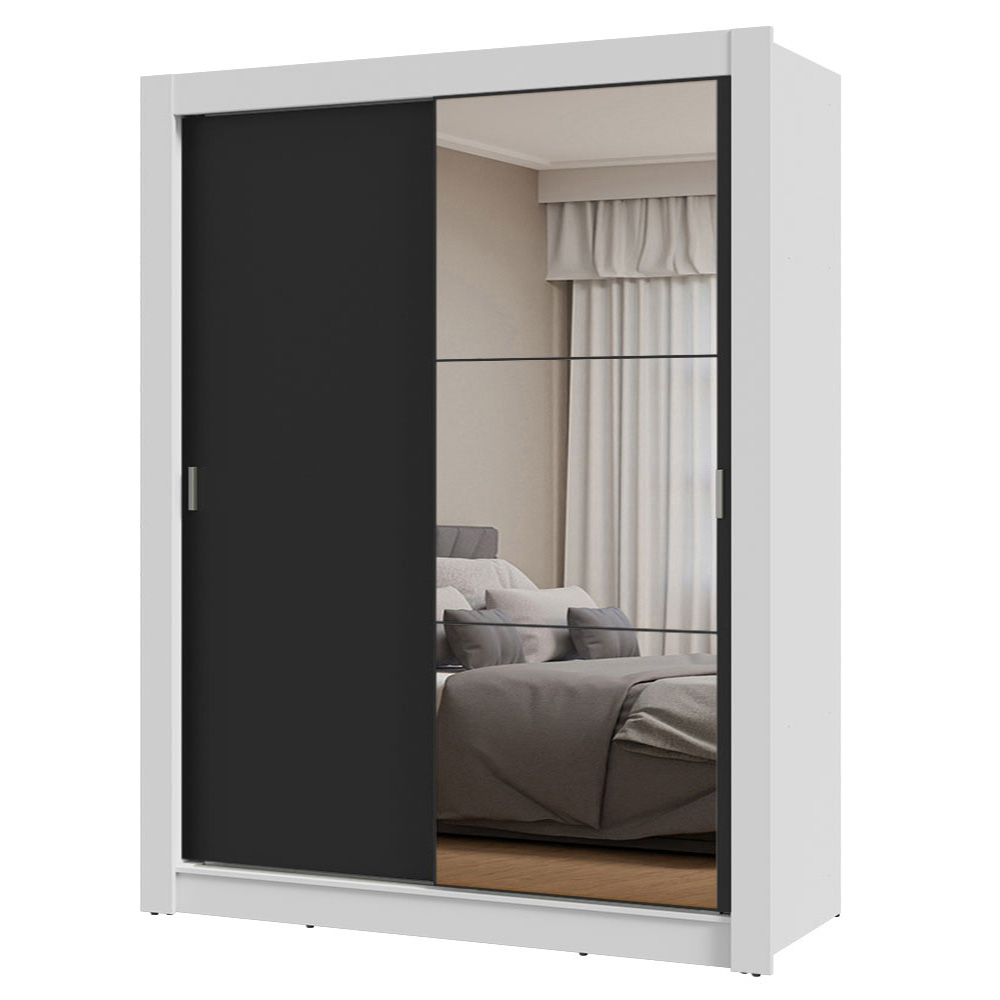 Guarda-Roupa Solteiro 2 Portas de Correr com Espelho Branco/Preto Milano Madesa