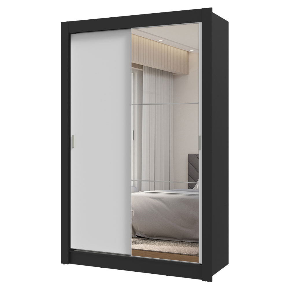 Guarda-Roupa Solteiro 2 Portas de Correr com Espelho 2 Gavetas Preto/Branco Vivare Madesa