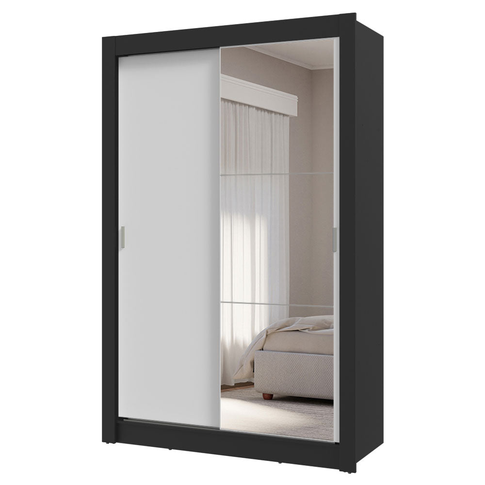 Guarda-Roupa Solteiro 2 Portas de Correr com Espelho 4 Gavetas Preto/Branco Vivare Plus Madesa