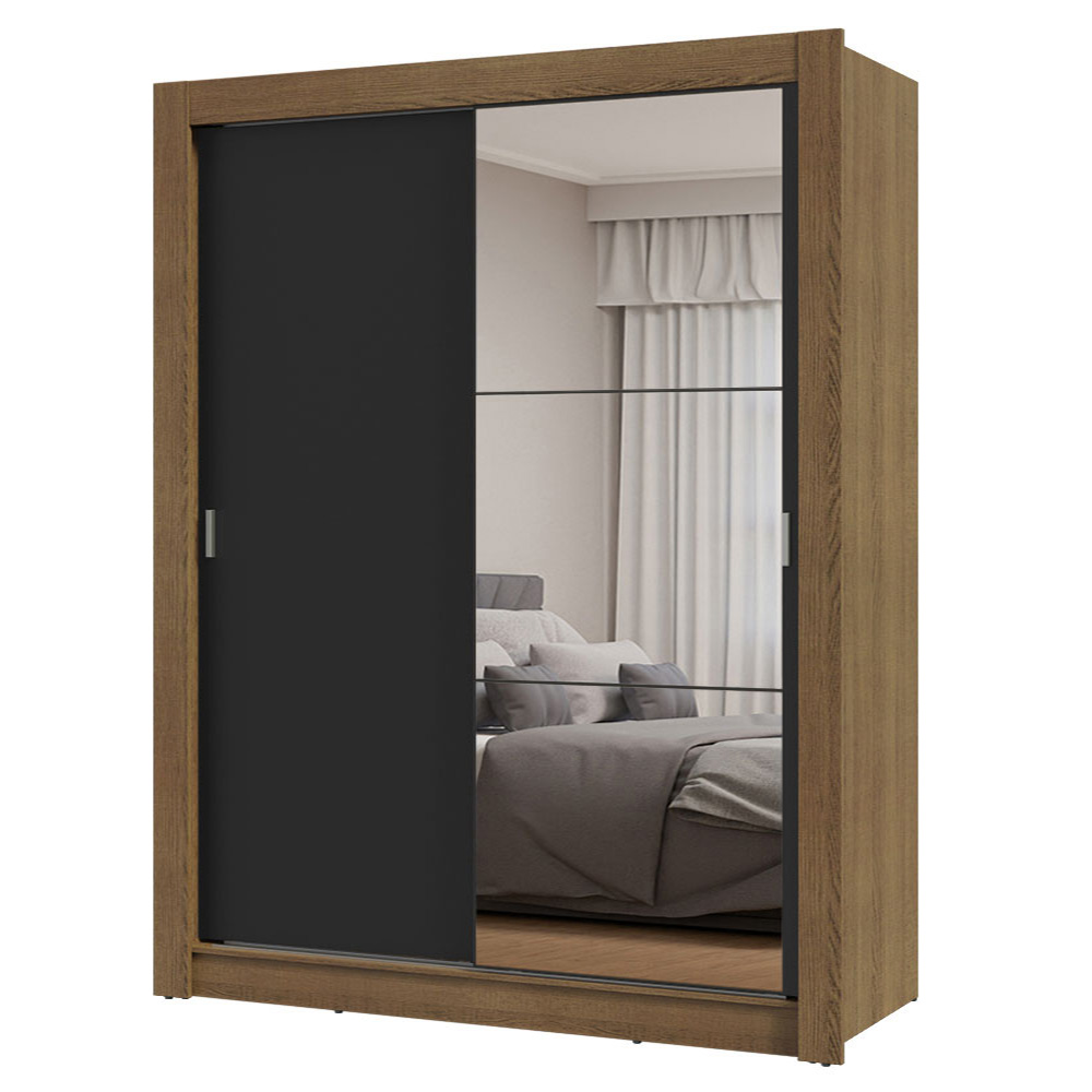 Guarda-Roupa Solteiro 2 Portas de Correr com Espelho Rustic/Preto Milano Madesa