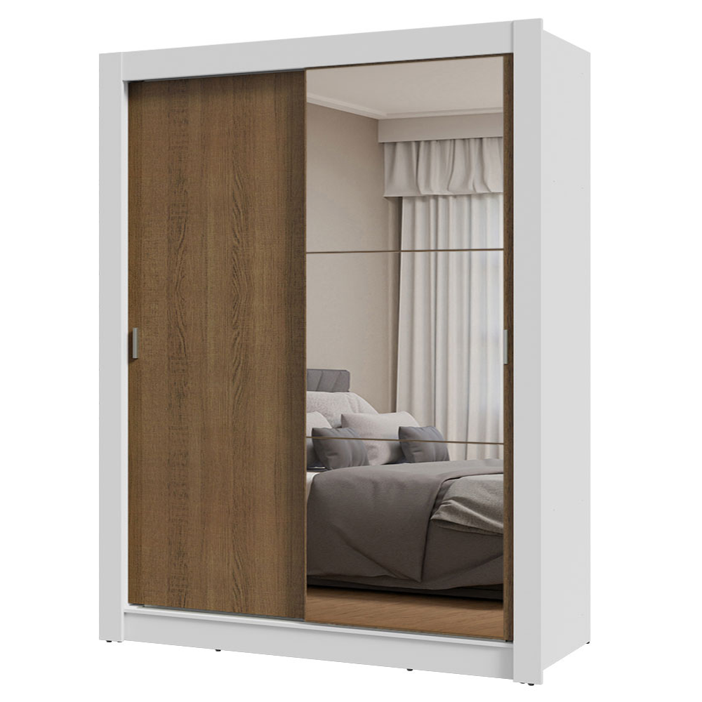 Guarda-Roupa Solteiro 2 Portas de Correr com Espelho Branco/Rustic Milano Madesa