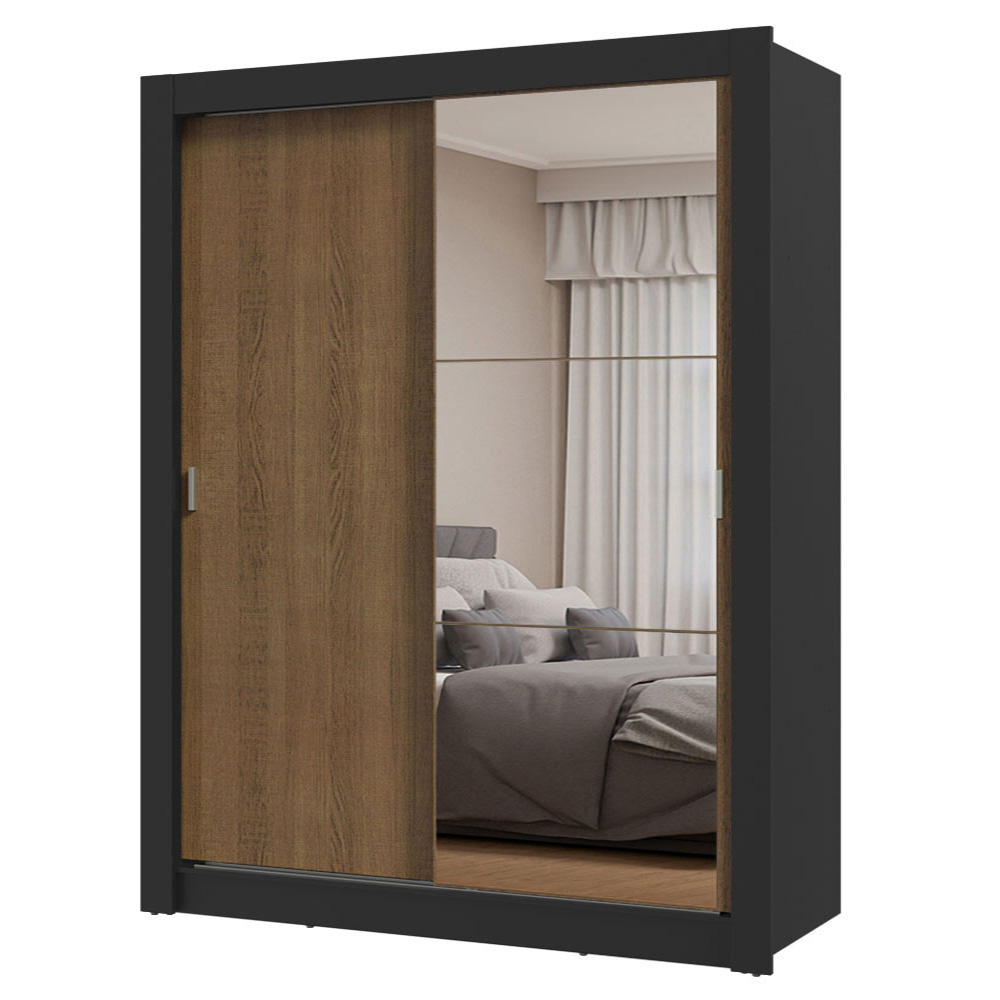 Guarda-Roupa Solteiro 2 Portas de Correr com Espelho Preto/Rustic Milano Madesa