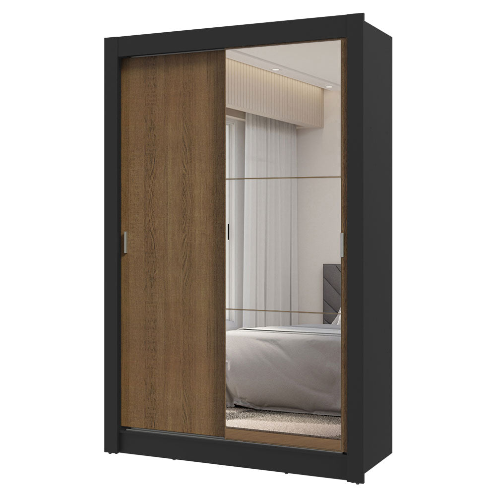 Guarda-Roupa Solteiro 2 Portas de Correr com Espelho 2 Gavetas Preto/Rustic Vivare Madesa