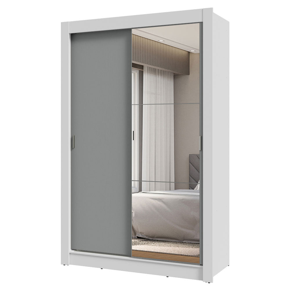 Guarda-Roupa Solteiro 2 Portas de Correr com Espelho 2 Gavetas Branco/Cinza Vivare Madesa