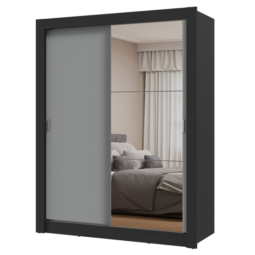 Guarda-Roupa Solteiro 2 Portas de Correr com Espelho Preto/Cinza Milano Madesa