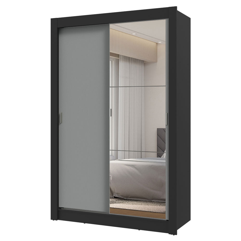 Guarda-Roupa Solteiro 2 Portas de Correr com Espelho 2 Gavetas Preto/Cinza Vivare Madesa