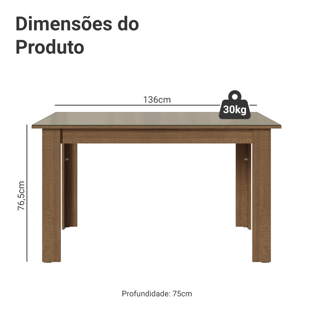 Mesa de Jantar Retangular Tampo de Vidro Rustic/Crema 5231 Madesa