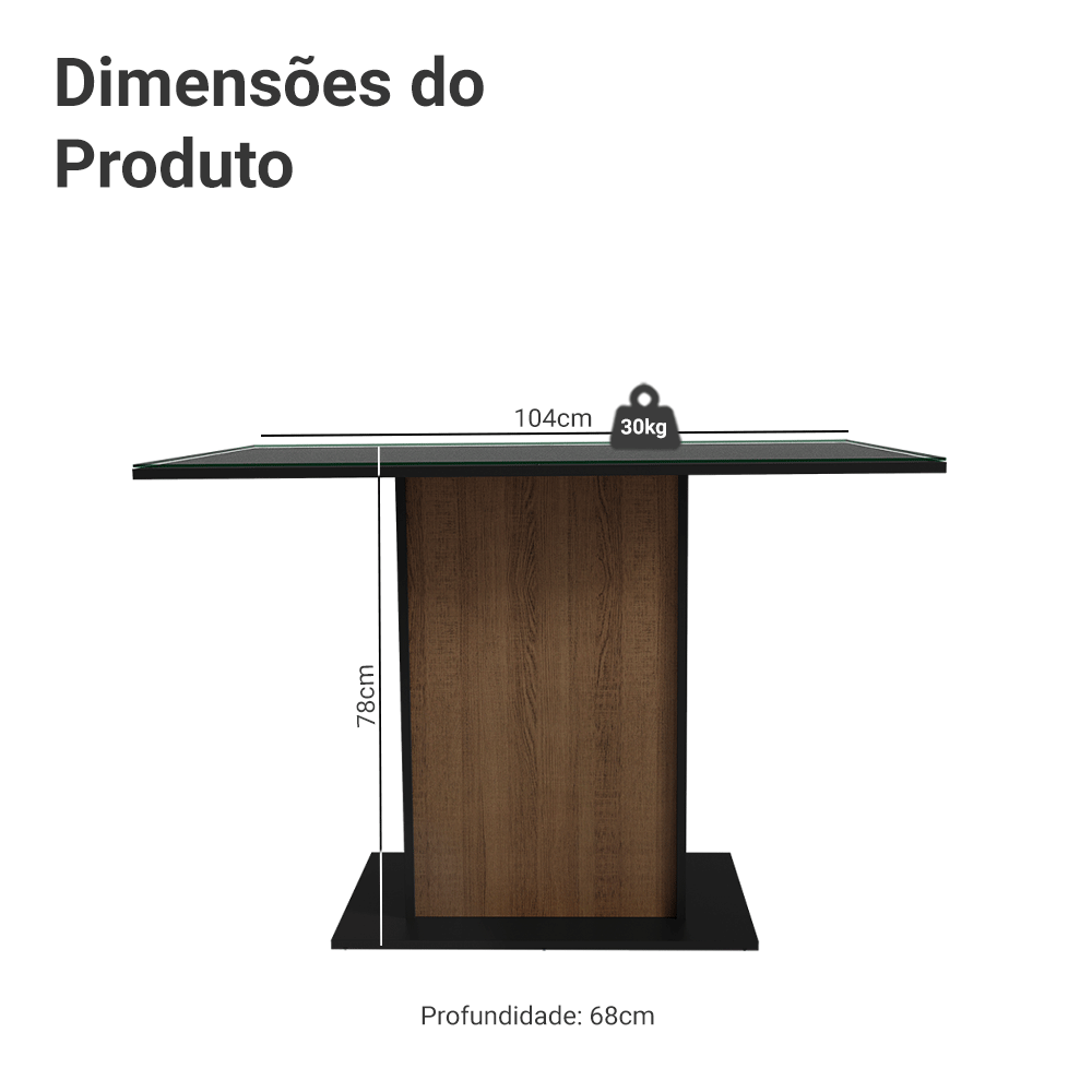 Mesa de Jantar Retangular com Tampo de Vidro Preto/Rustic 5329 Madesa