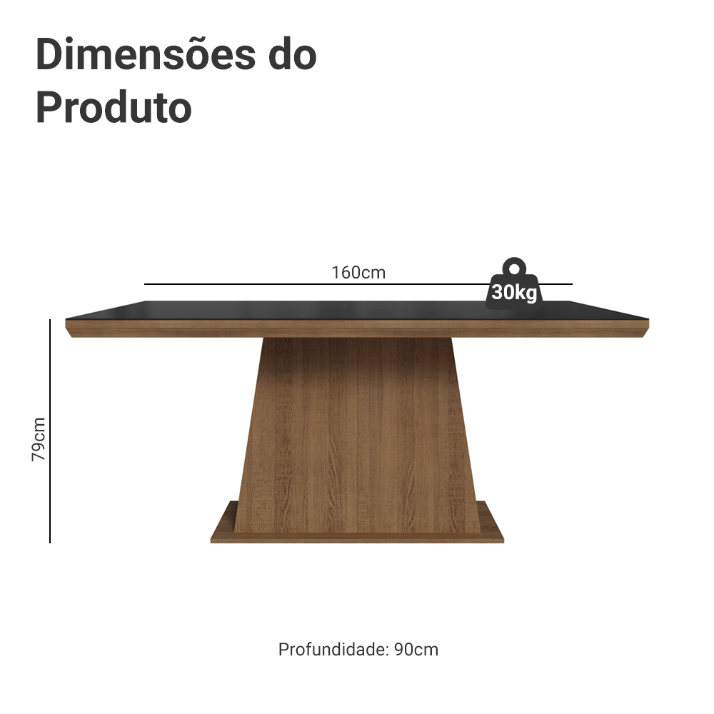 Mesa de Jantar Retangular Tampo com Moldura e Vidro Sobreposto Rustic/Preto 5364 Madesa