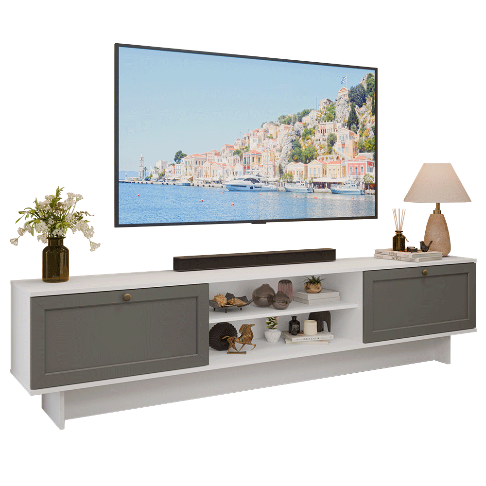 Rack para TV até 80 Polegadas 218 cm 2 Portas Branco/Cinza Vik Madesa