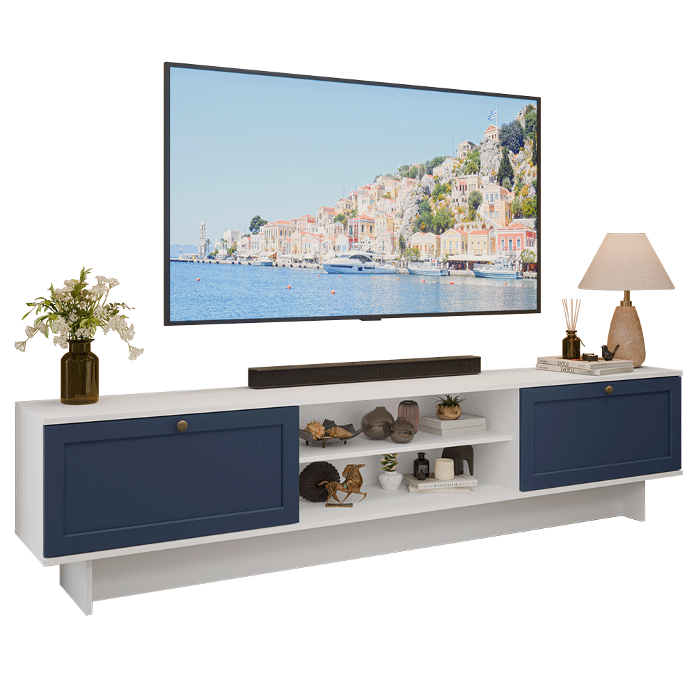 Rack para TV até 80 Polegadas 218 cm 2 Portas Branco/Azul Vik Madesa
