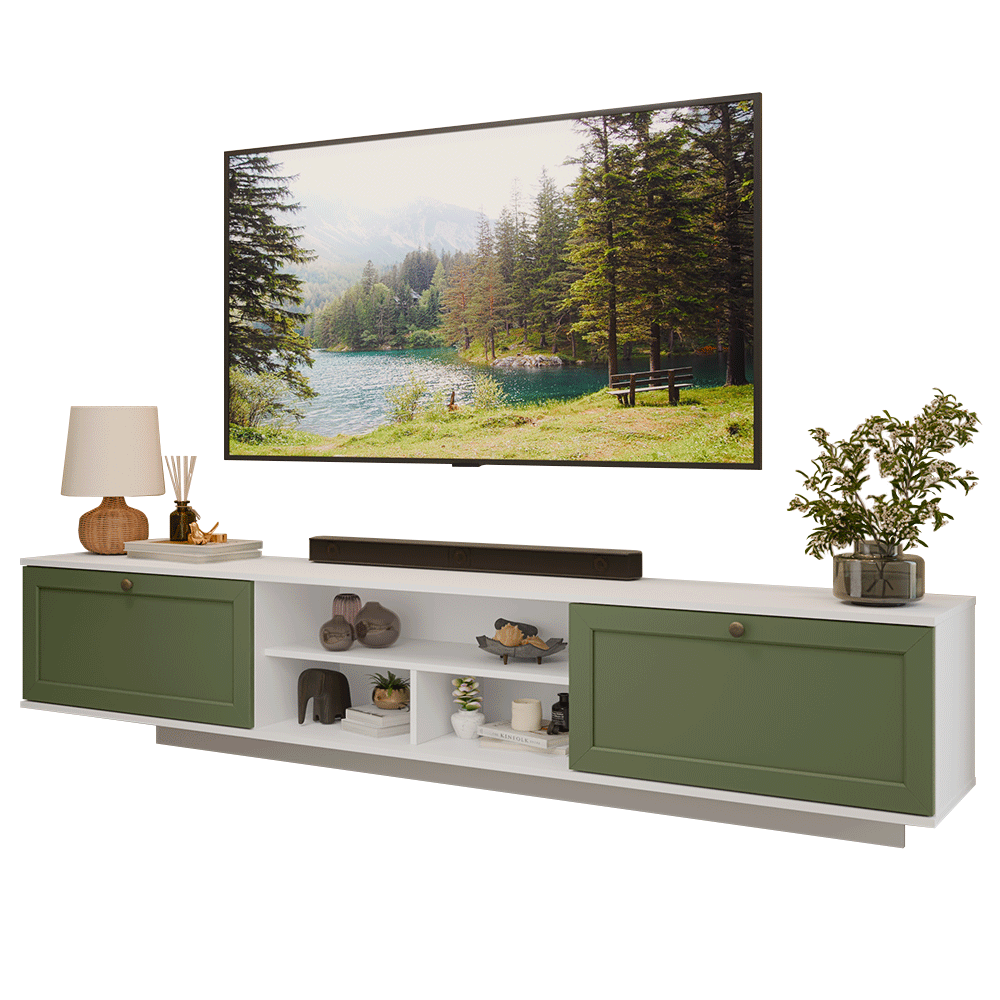 Rack Suspenso para TV até 80 Polegadas 218 cm 2 Portas Branco/Verde Vik Madesa
