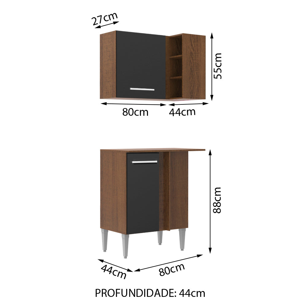 Kit de Canto Reto Madesa Emilly 2 Portas com Armário Aéreo, Adega e Balcão Rustic/Preto