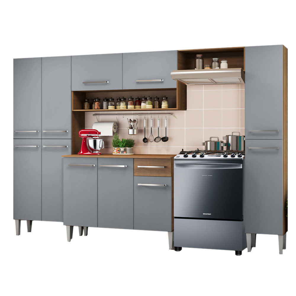 Armário de Cozinha Completa 261cm Rustic/Cinza Emilly Hit Madesa