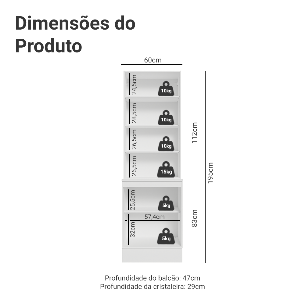 Kit Balcão + Cristaleira 60 cm Branco/Rustic/Crema Smart 100% MDF Madesa