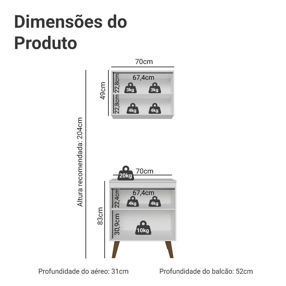 Kit de Cozinha com Armário Aéreo e Balcão 70 cm Branco Pieta Madesa
