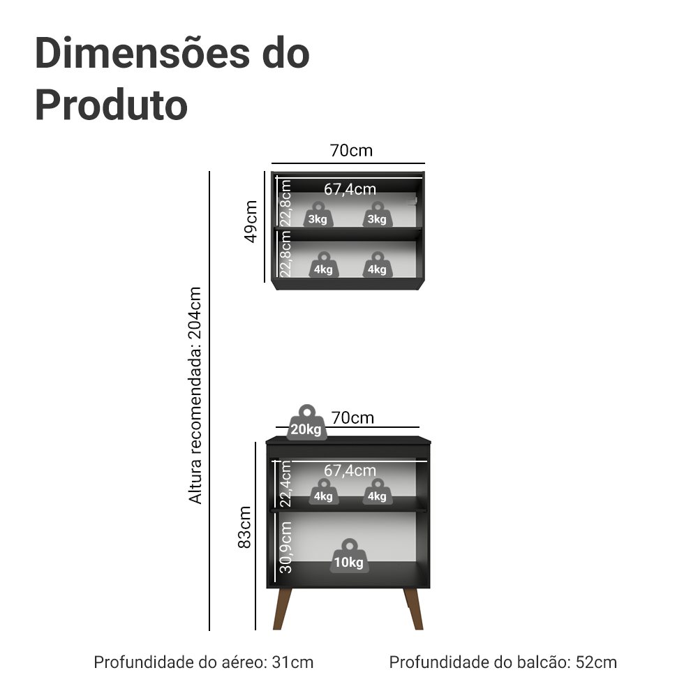 Kit de Cozinha com Armário Aéreo e Balcão 70 cm Preto Pieta Madesa