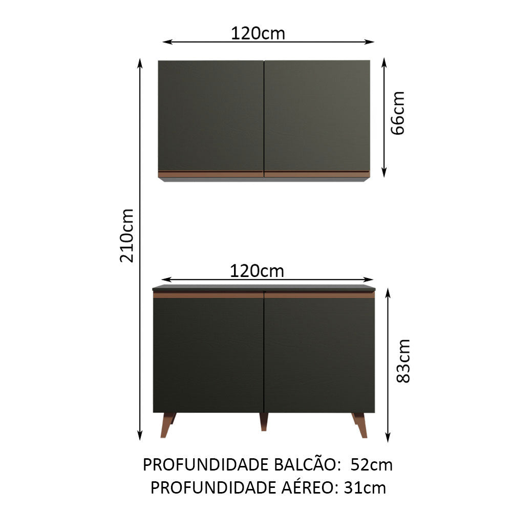 Kit Madesa Reims 120 cm com Armário Aéreo e Balcão Gabinete de Pia Preto