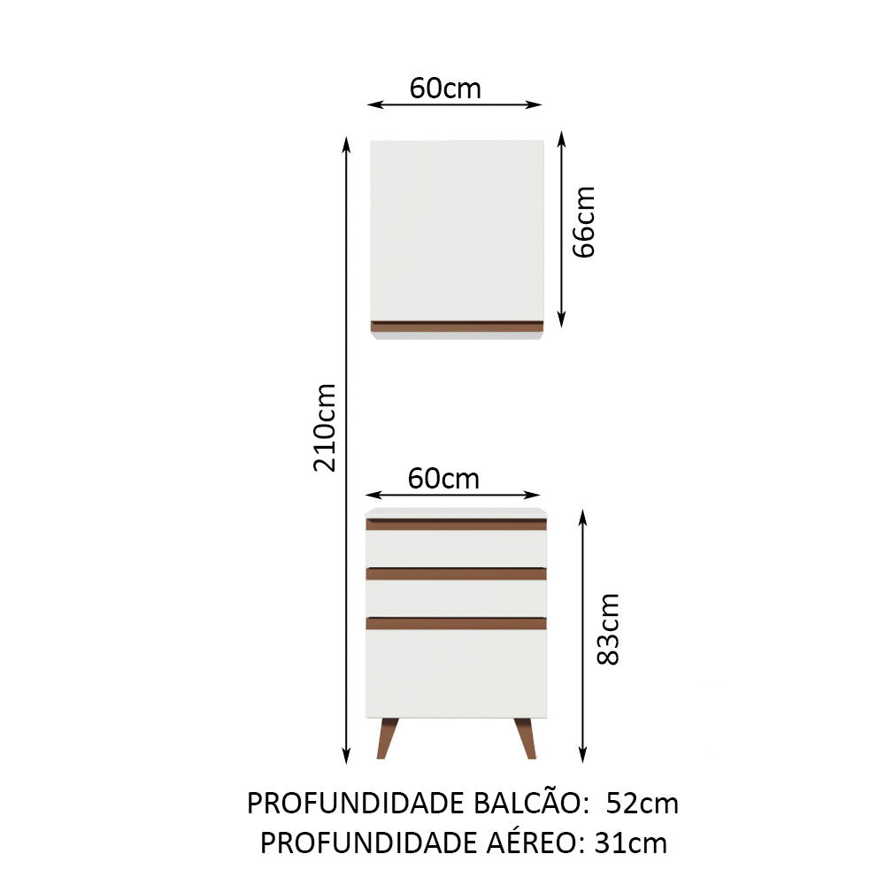 Kit Madesa Reims 60 cm com Armário Aéreo e Balcão com 3 Gavetas Branco