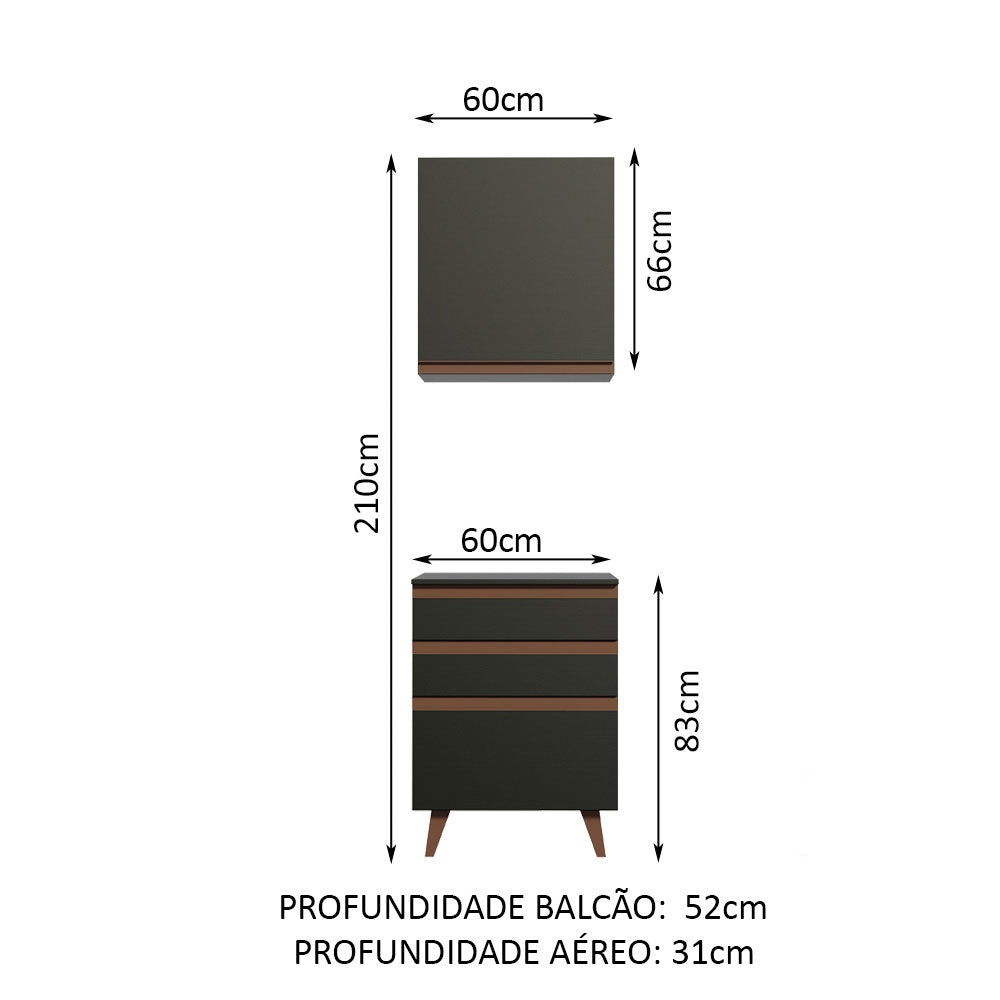 Kit Madesa Reims 60 cm com Armário Aéreo e Balcão com 3 Gavetas Preto