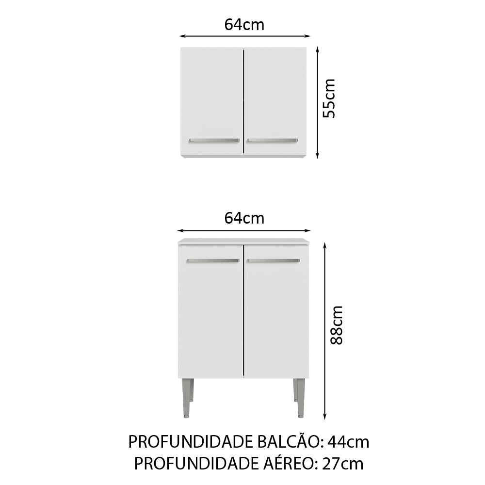 Kit com Armário Aéreo e Balcão 64cm Branco Emilly Madesa