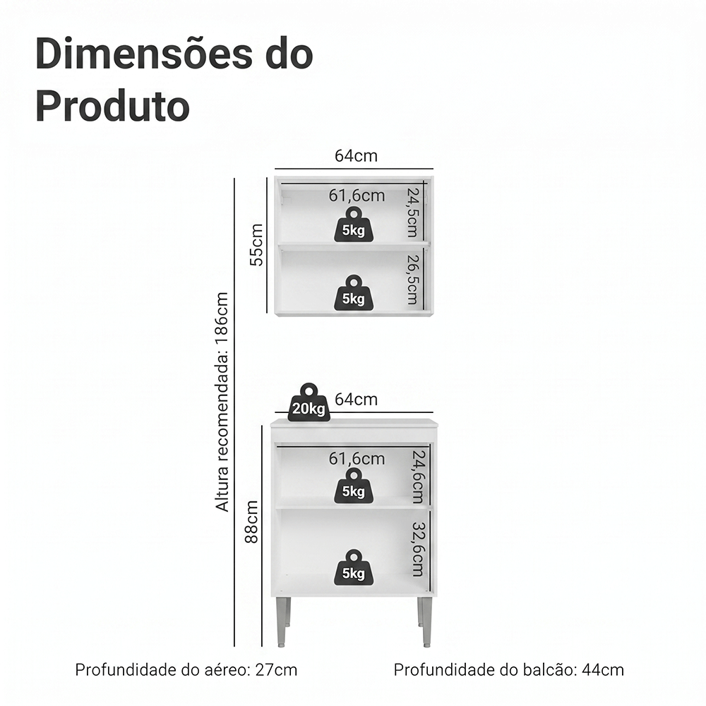 Kit com Armário Aéreo e Balcão 64cm Branco Emilly Madesa