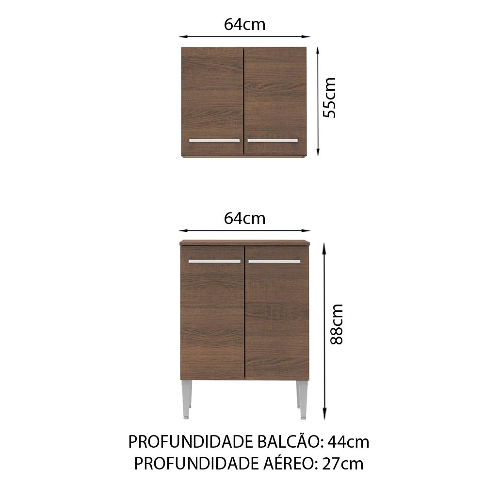 Kit com Armário Aéreo e Balcão 64cm Rustic Emilly Madesa