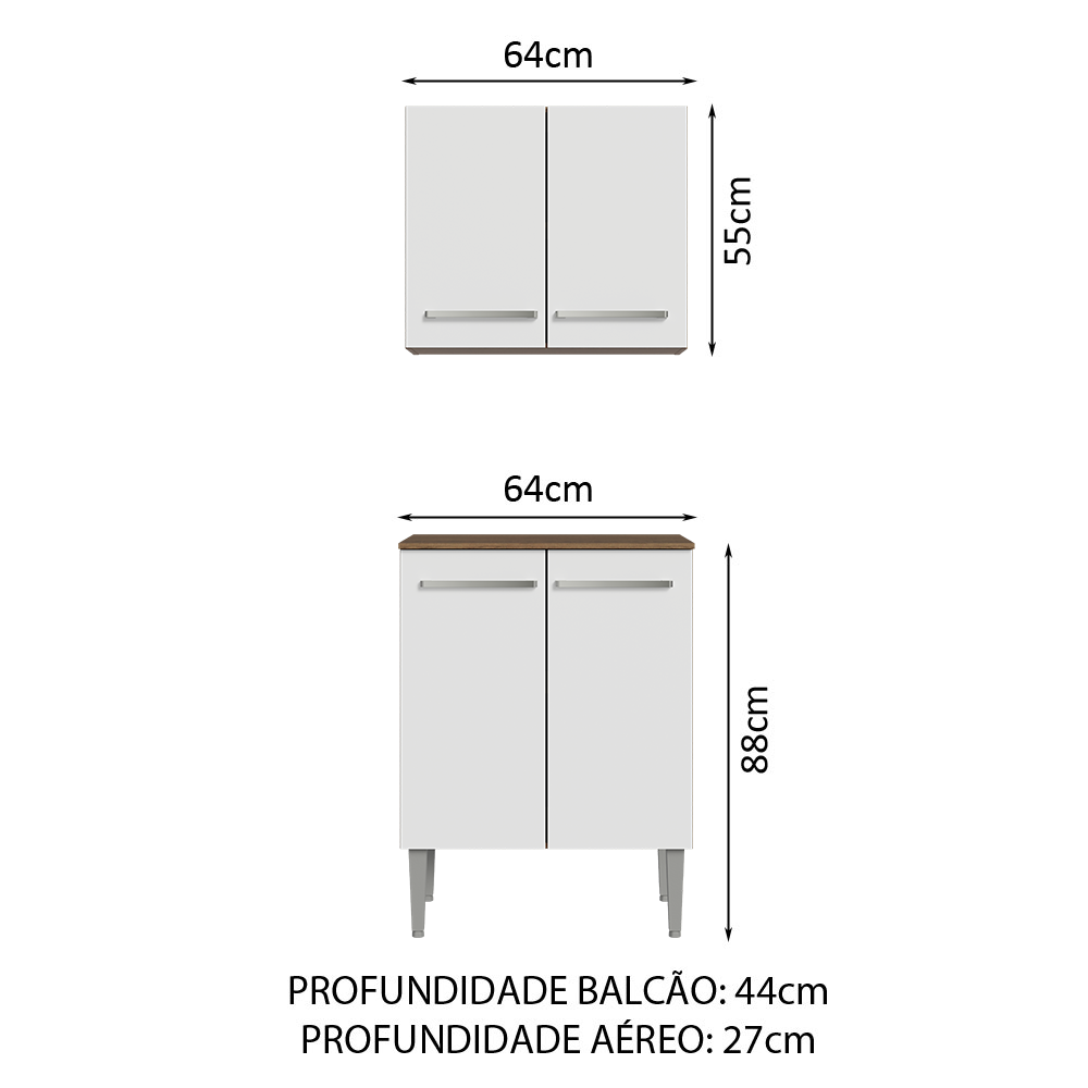 Kit com Armário Aéreo e Balcão 64cm Rustic/Branco Emilly Madesa